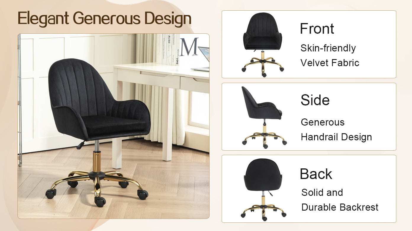 Velvet Home Office Chair with Wheels, Cute Chair with Side Arms and Gold Metal Base for Living Room, Bedroom,and Vanity Room,Bling Desk Nail Desk for Women,Adjustable Height,Black
