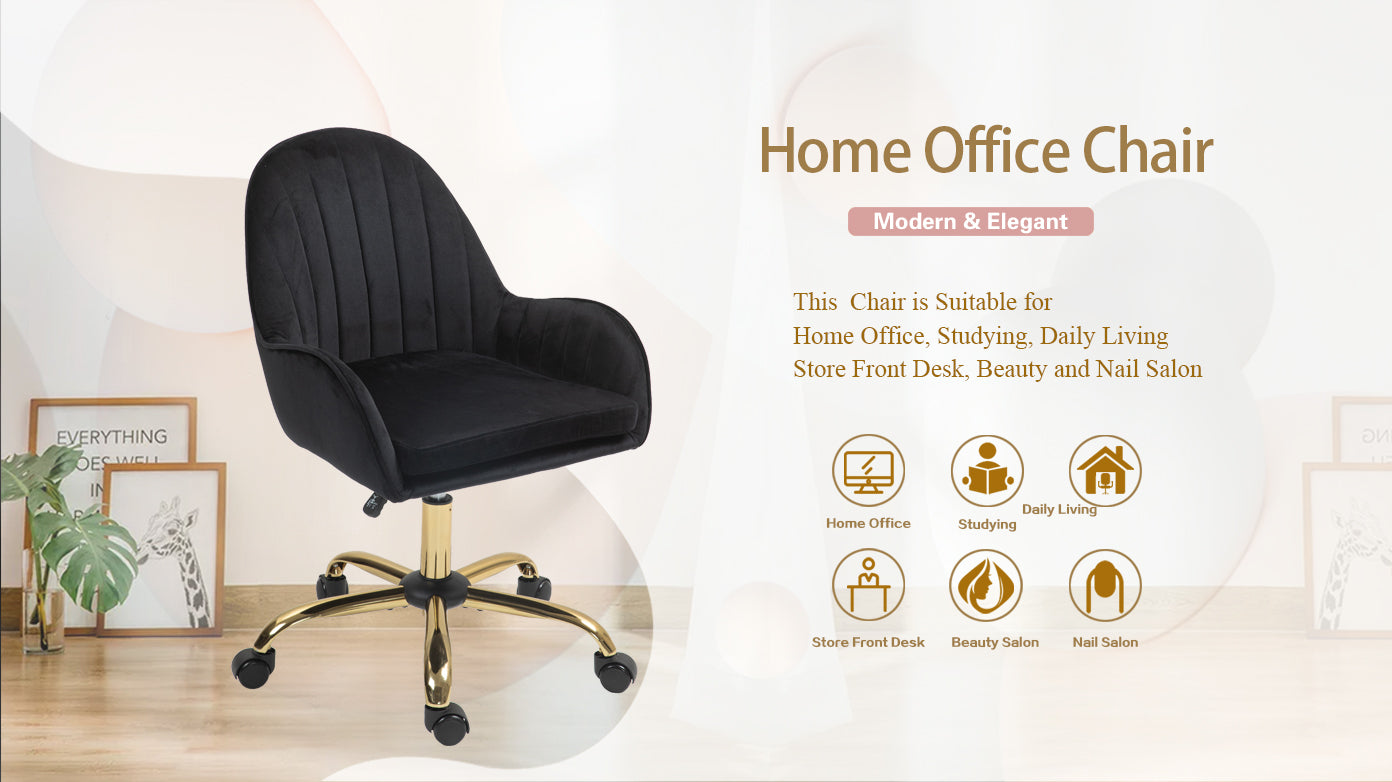 Velvet Home Office Chair with Wheels, Cute Chair with Side Arms and Gold Metal Base for Living Room, Bedroom,and Vanity Room,Bling Desk Nail Desk for Women,Adjustable Height,Black