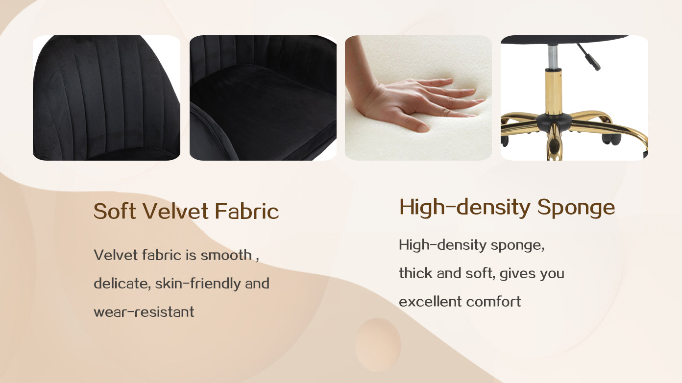 Velvet Home Office Chair with Wheels, Cute Chair with Side Arms and Gold Metal Base for Living Room, Bedroom,and Vanity Room,Bling Desk Nail Desk for Women,Adjustable Height,Black