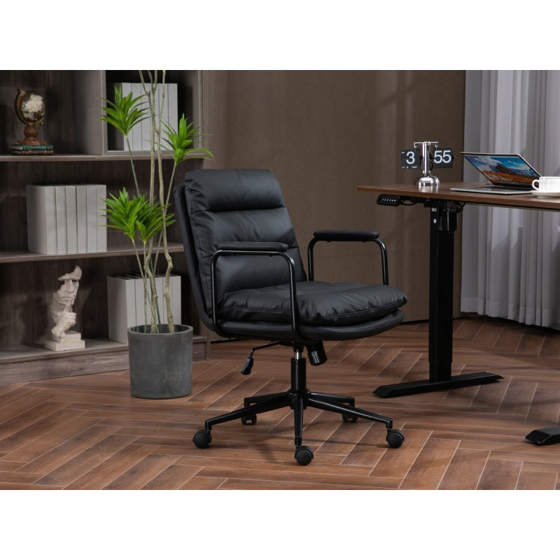 Office Chair,Mid Back Home Office Desk Task Chair with Wheels and Arms Ergonomic PU Leather Computer Rolling Swivel Chair with Padded Armrest,The back of the chair can recline 40° (Black)