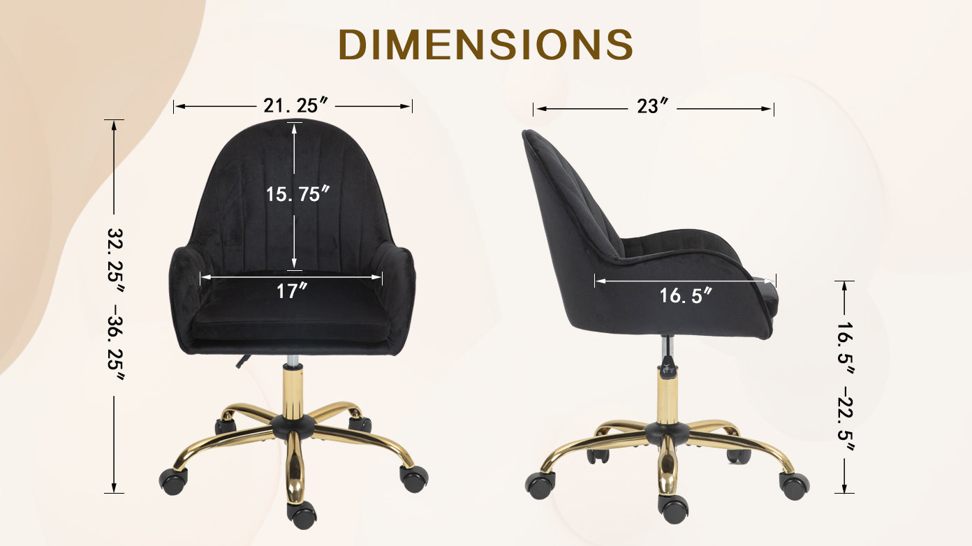 Velvet Home Office Chair with Wheels, Cute Chair with Side Arms and Gold Metal Base for Living Room, Bedroom,and Vanity Room,Bling Desk Nail Desk for Women,Adjustable Height,Black