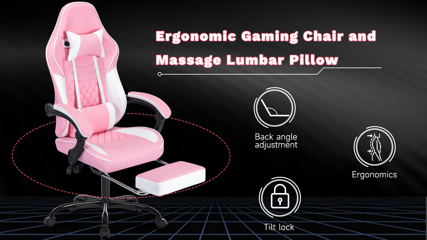 Ergonomic Video Gamer Chairs,Computer Gaming Chairs with Massage Lumbar Support and footrest,Racing Style Computer Chair Adjustable Headrest for Adults,Pink White